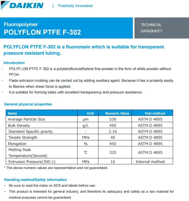 Daikin Polyflon PTFE F-301/F-302/F-303 (F301/F302/F303) Polytetrafluoroethylene Resin