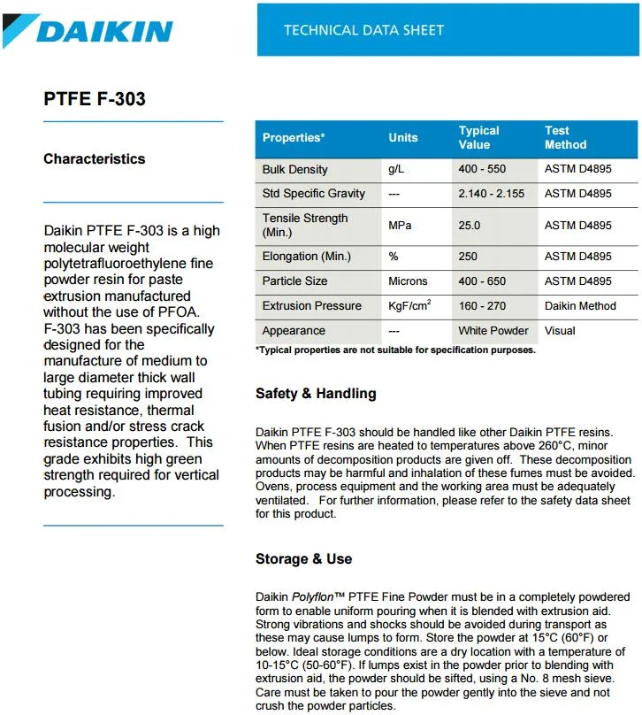 Daikin Polyflon PTFE F-301/F-302/F-303 (F301/F302/F303) Polytetrafluoroethylene Resin