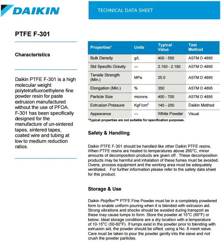 Daikin Polyflon PTFE F-301/F-302/F-303 (F301/F302/F303) Polytetrafluoroethylene Resin